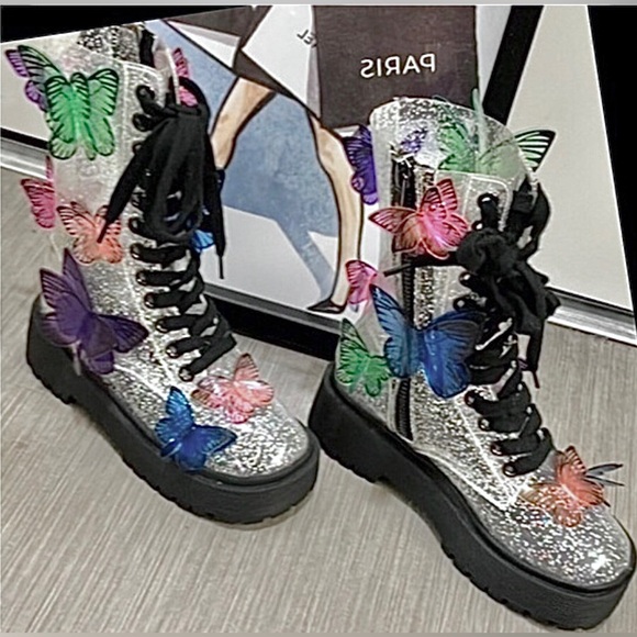 Dolls Kill Club EXX 3D butterfly Terrarium combat boots silver glitter size 5 - Picture 6 of 12